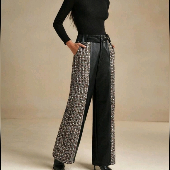 Women Ed And Leather Patchwork Straight Leg Slim Fit Pants, Autumn/Winter - Picture 1 of 4